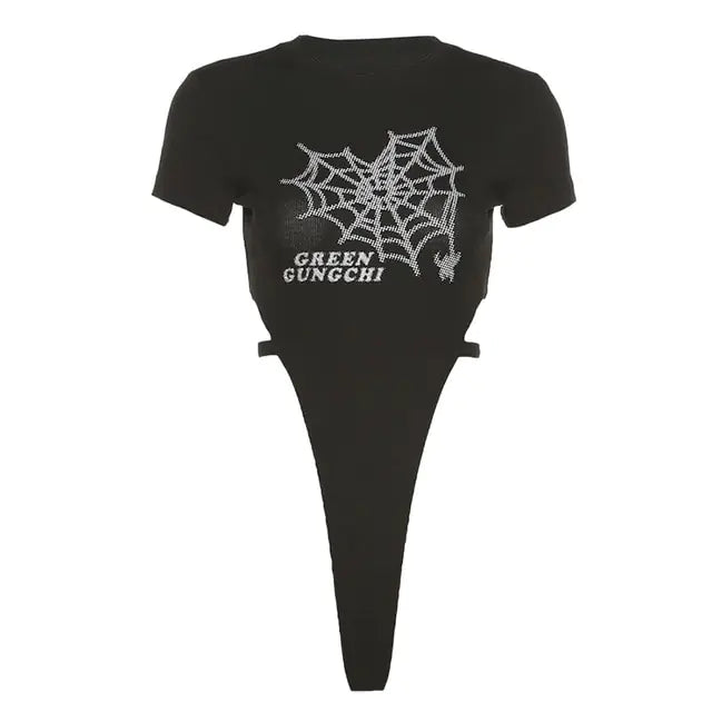 Black bodysuit with silvery spider web design and 'GREEN GUNGCHI' text, featuring side cutouts