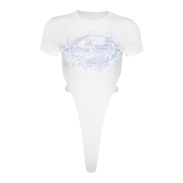 White bodysuit with light blue abstract pattern print, featuring side cutouts and a fitted silhouette