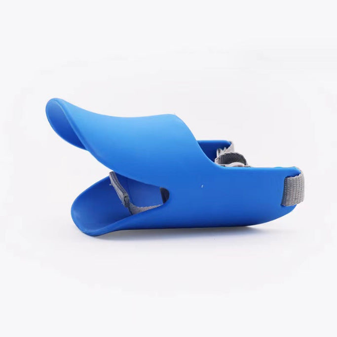 Blue dog muzzle side angle view showing adjustable strap design