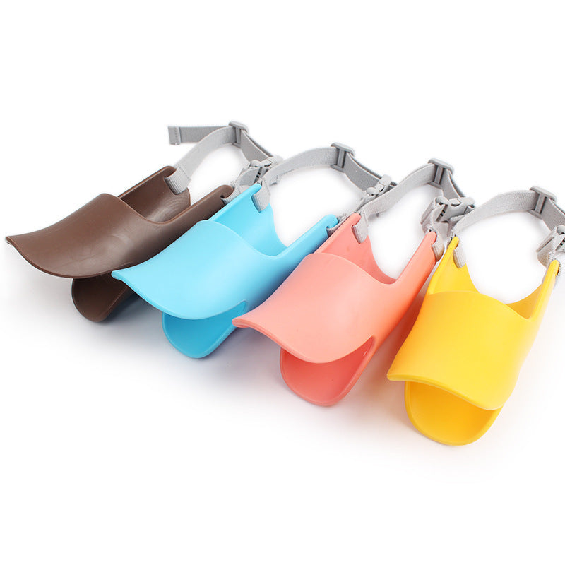 Set of colorful dog muzzles in blue, pink, yellow, and brown variants