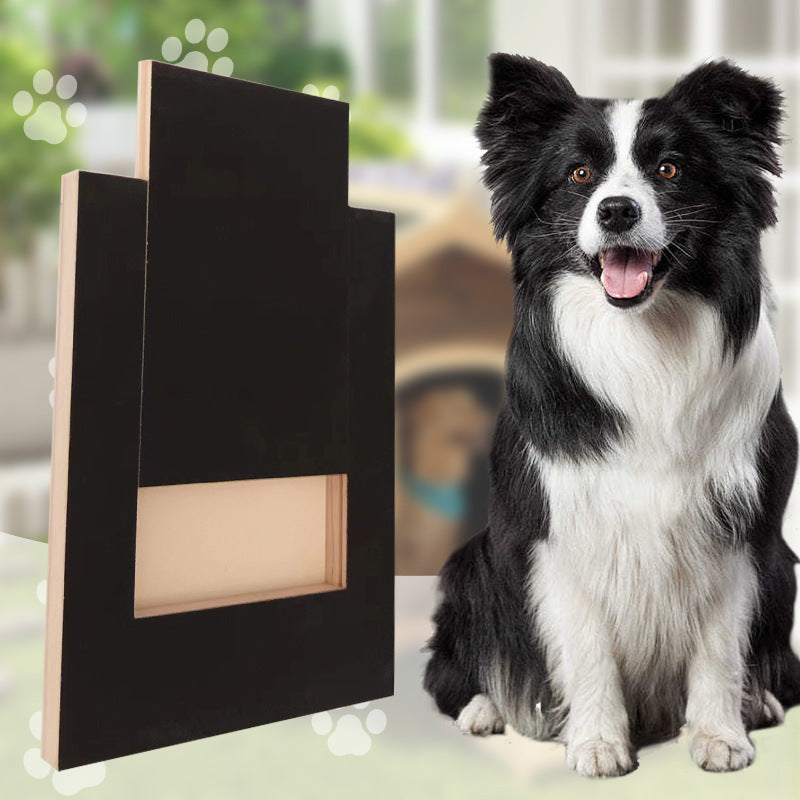 Border collie beside black wooden dog nail board for nail trimming
