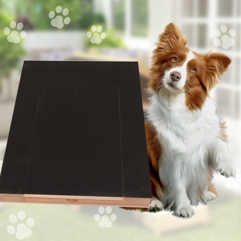 Small dog next to black wooden nail board angled for nail filing