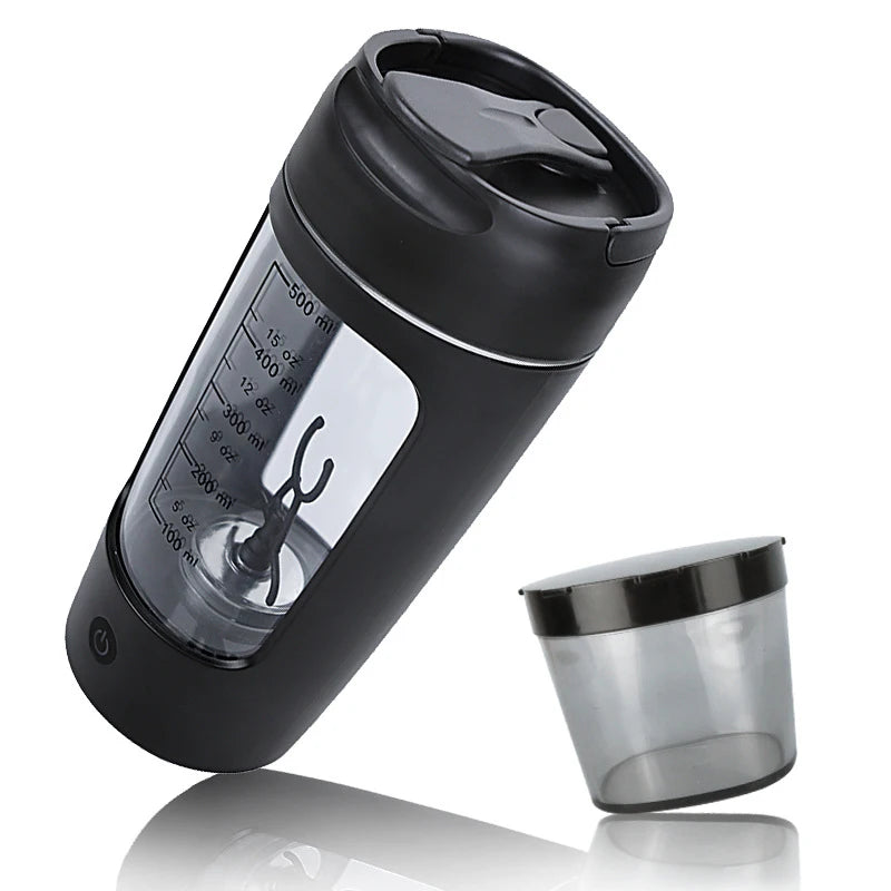 Black electric protein shaker bottle at an angled view with powder cup for protein shakes.