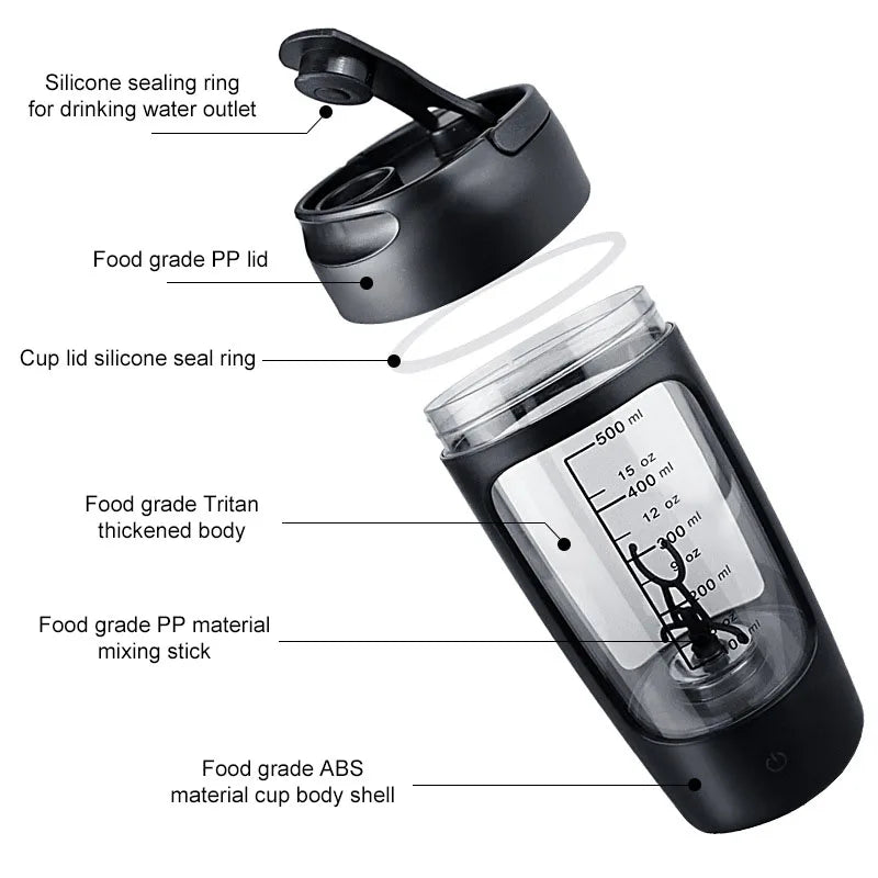 Black electric protein shaker bottle with labeled parts diagram highlighting lid, cup, and motor.