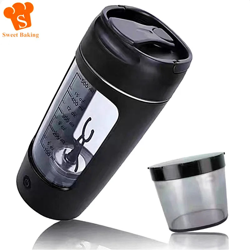 Black electric protein shaker bottle with matching powder storage cup for mixing shakes on the go.