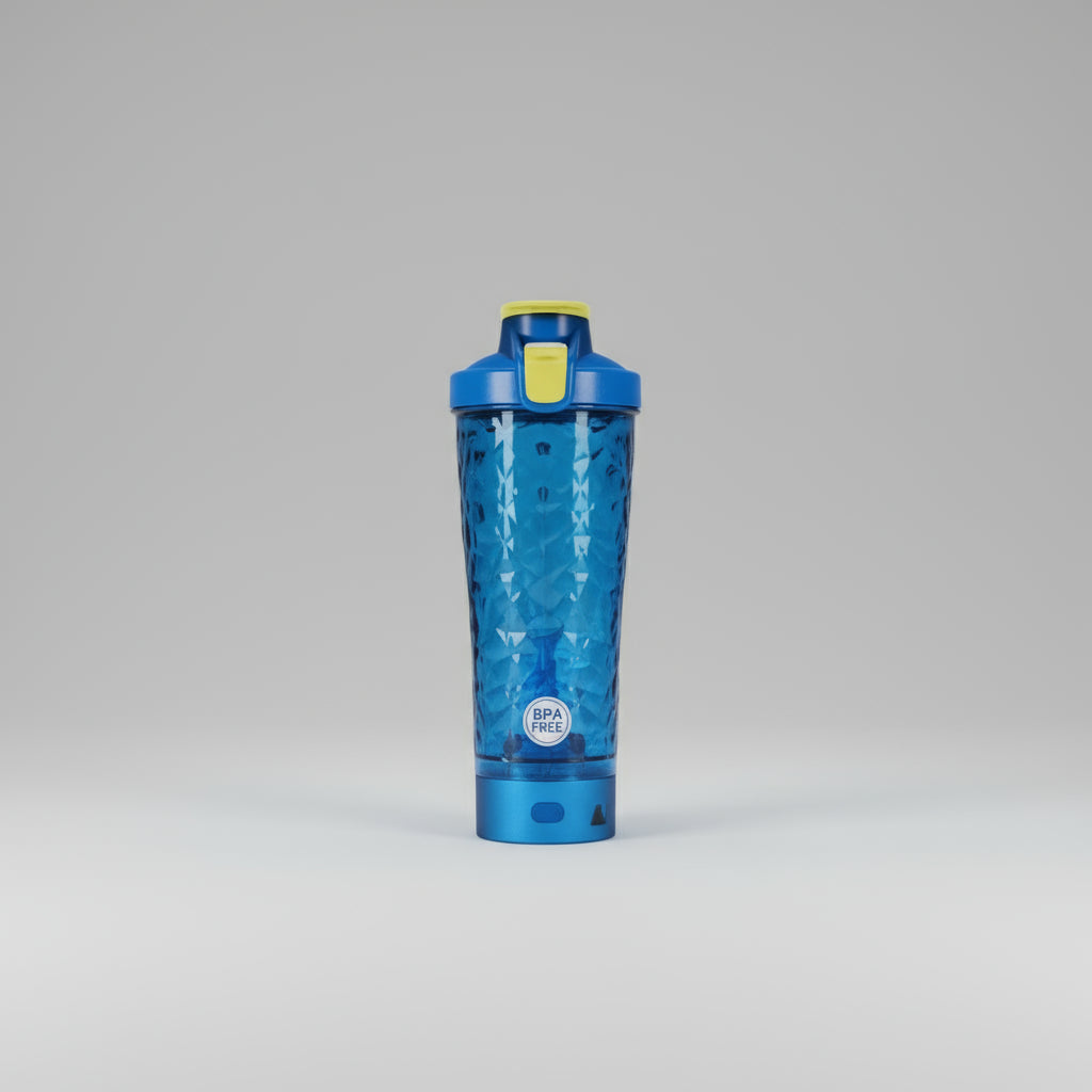 Blue 700 ml electric protein shaker on a counter, ready to mix supplements and drinks.