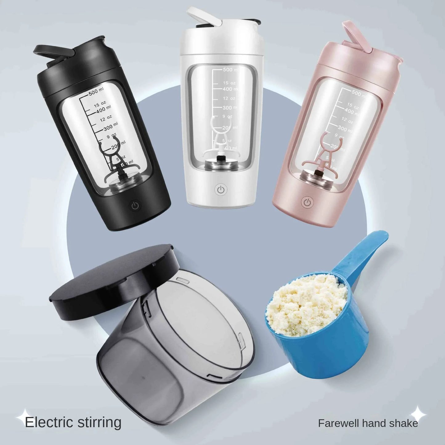Electric protein shaker bottle shown in multiple colors with accessories to illustrate variant options.