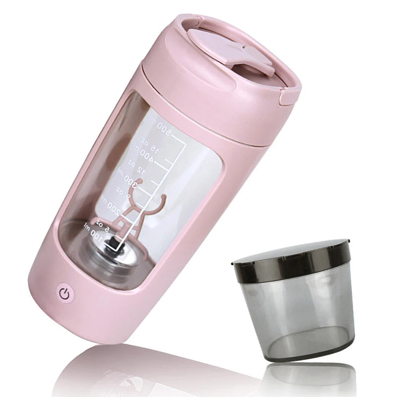 Pink electric protein shaker bottle with included powder storage cup for mixing supplements.