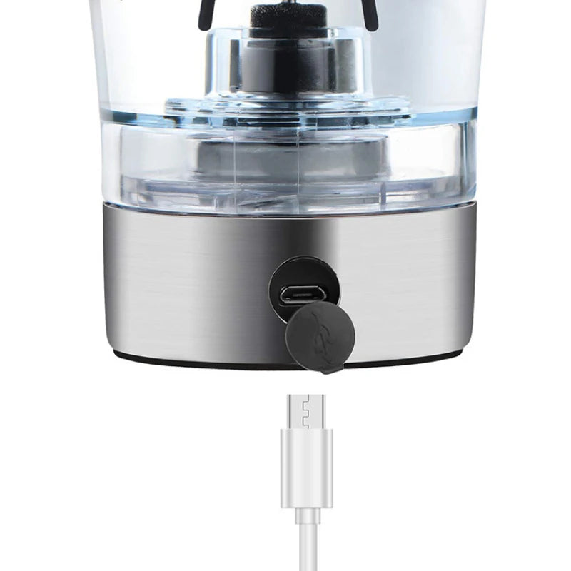 Close up of electric protein shaker bottle USB charging port