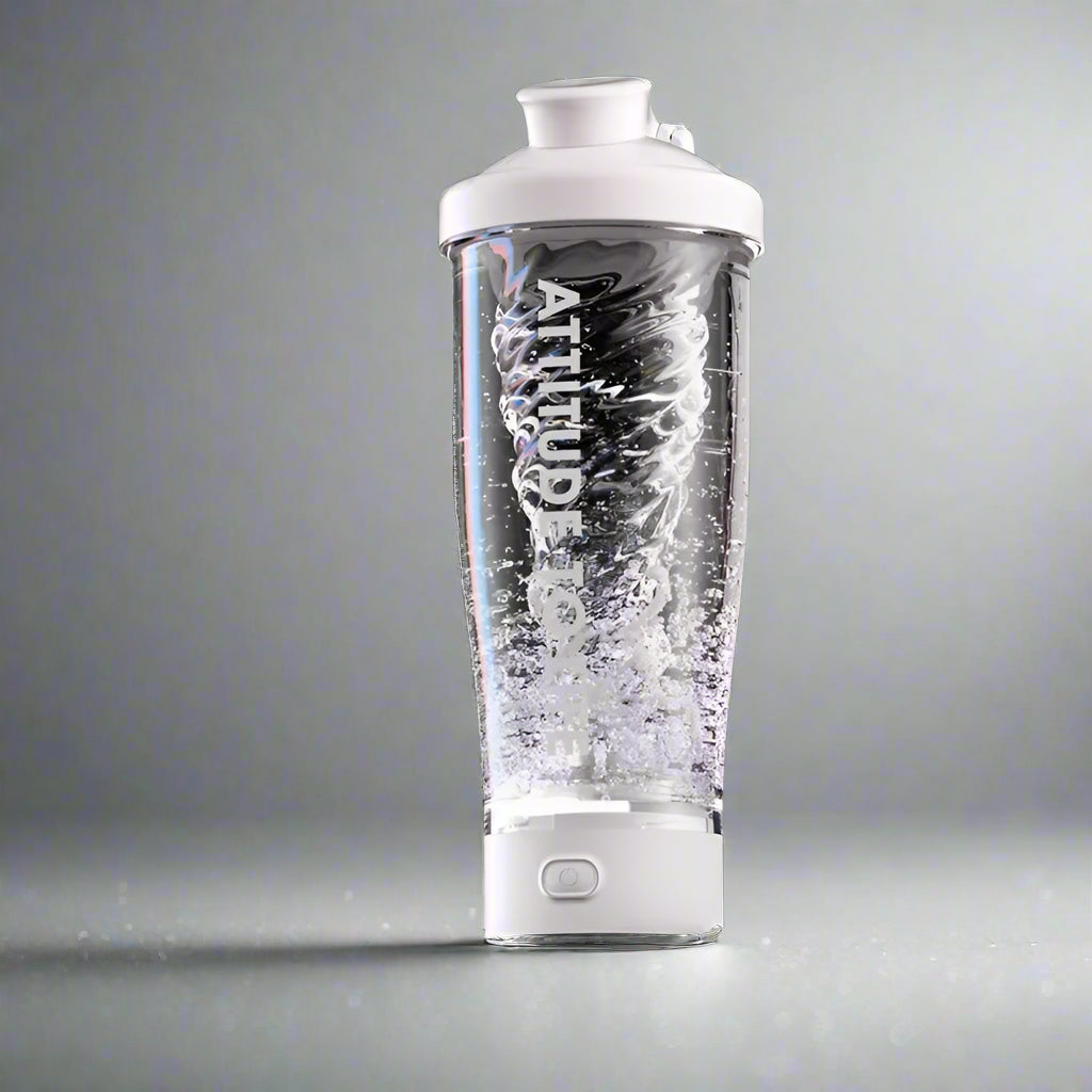 White 650 ml electric protein shaker blending a drink for gym and travel use.