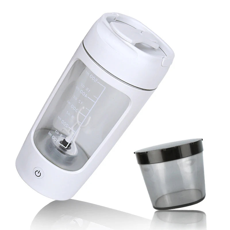 White electric protein shaker bottle at an angled view with powder cup for drinks and supplements.