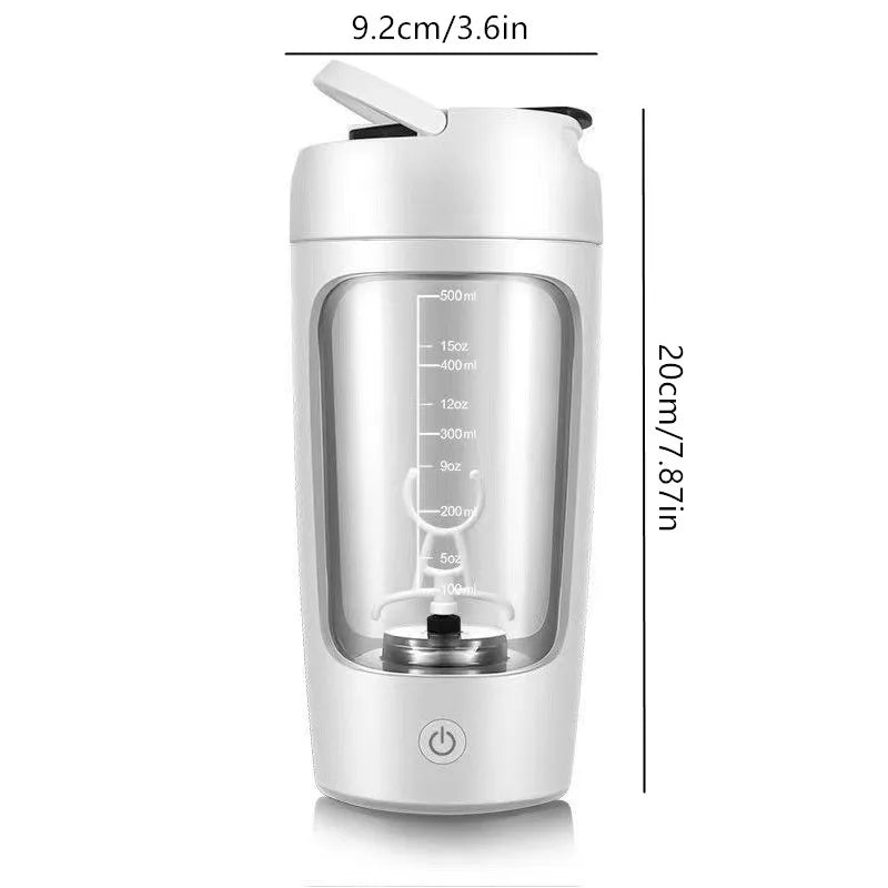 White electric protein shaker bottle with a size diagram to show overall dimensions and capacity.