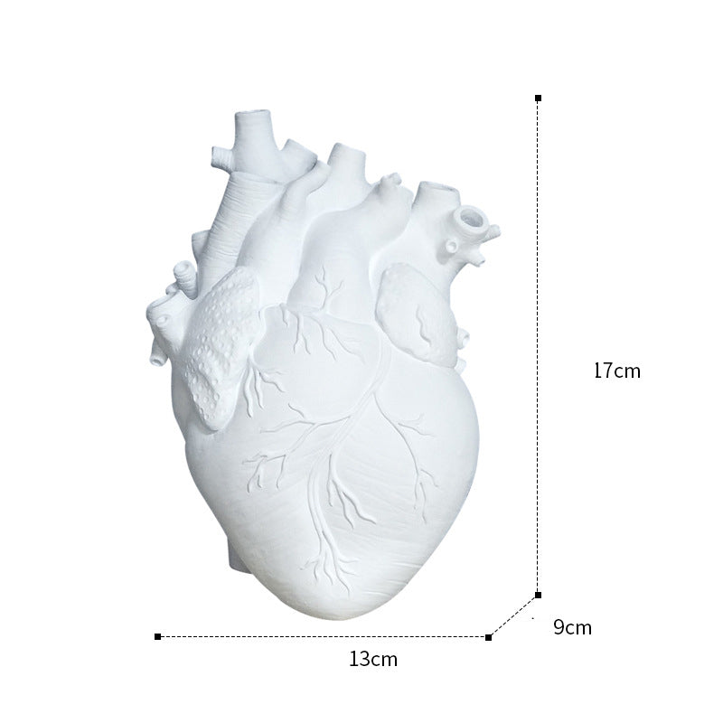 Small white heart-shaped resin planter indoor vase with dimensions shown