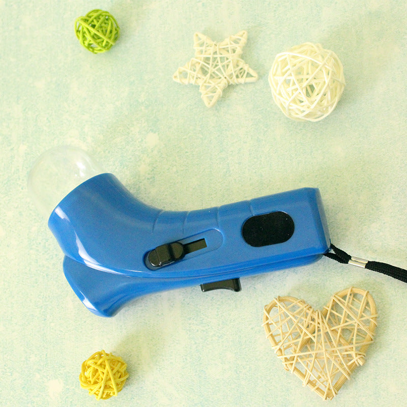 Blue interactive pet throwing toy shown from the side on flat surface