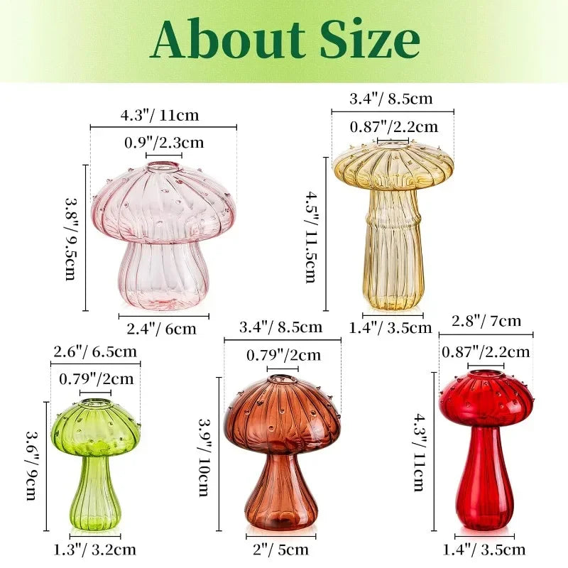 Dimension chart of mushroom glass vases showing sizes and measurements of each piece
