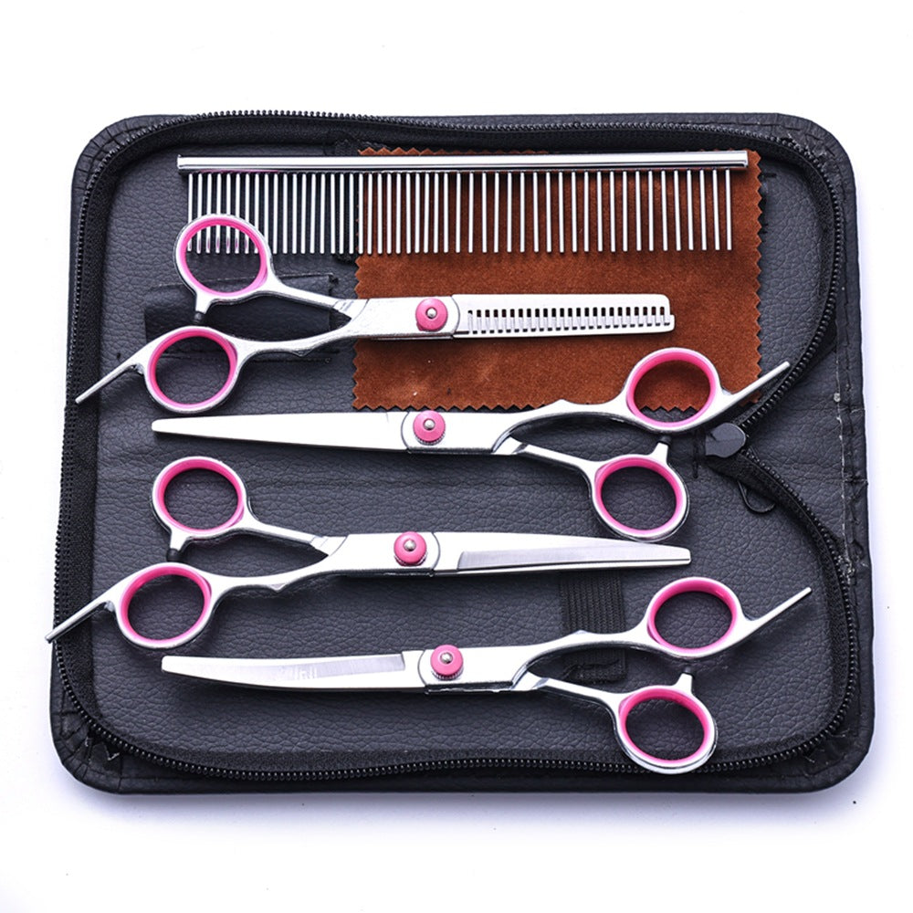 Pet grooming scissors set in blackpink hat and pink ring style with comb in case