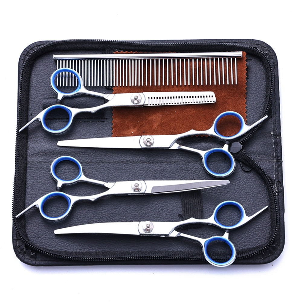 Pet grooming scissors set in white hat and blue circle style with comb in case