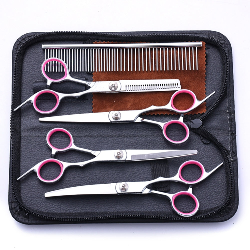 Pet grooming scissors set in white hat and pink ring style with comb in case