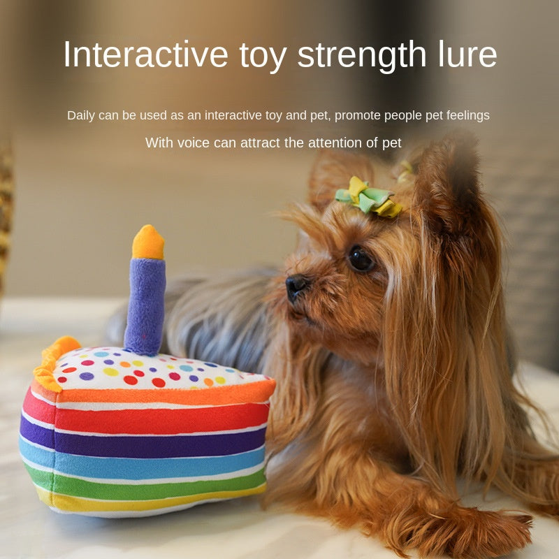 Dog playing with rainbow slice plush pet birthday cake toy
