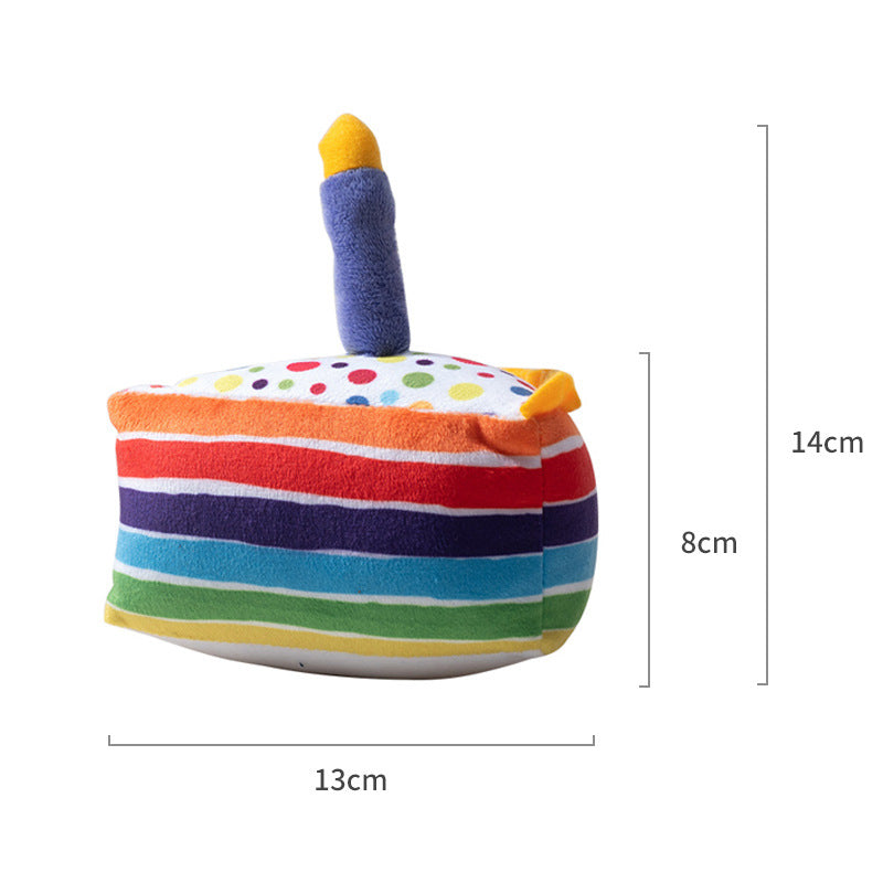 Rainbow slice plush pet birthday cake toy shown with size measurements