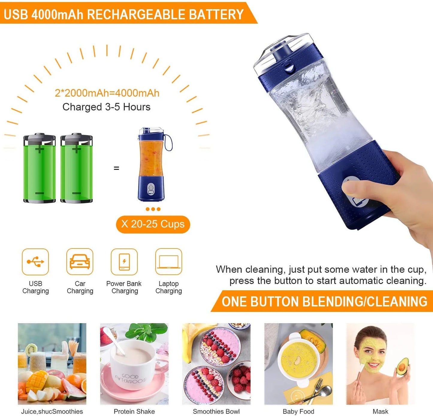 Battery and cleaning infographic showing 4000 mAh power and one-button self-cleaning.