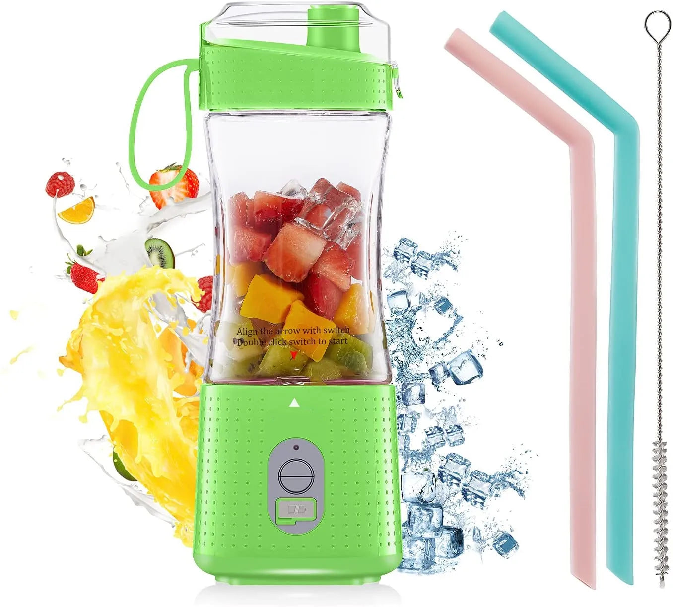 Green portable electric blender with a 380 ml cup and reusable straws for travel drinks.