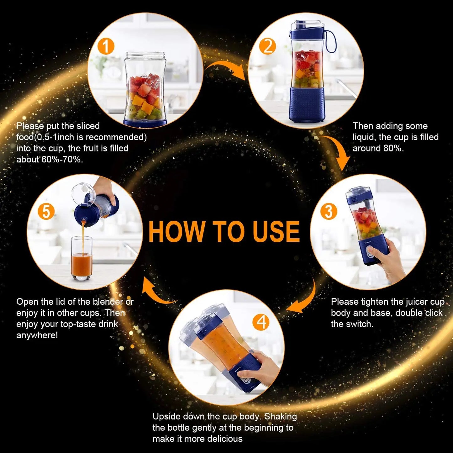 How to use the portable electric blender is shown in a simple step-by-step guide.