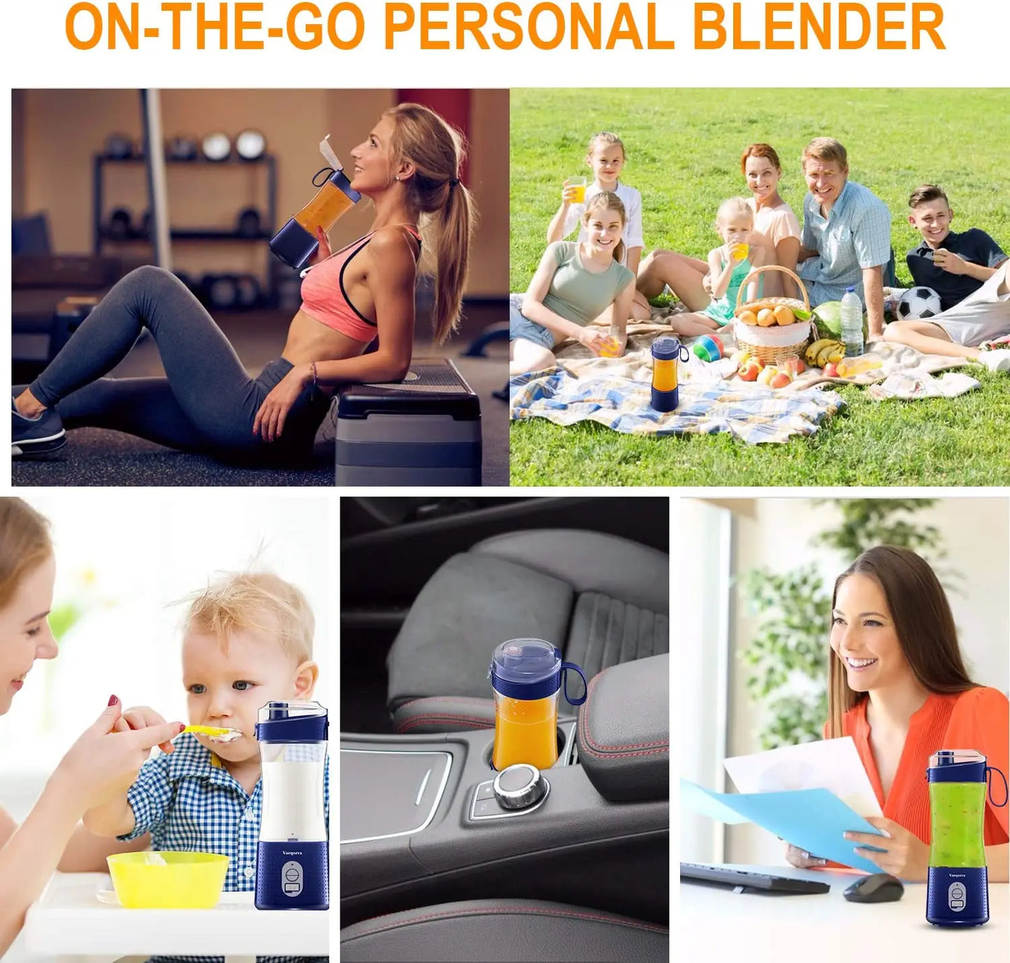 Lifestyle collage showing the portable blender used outdoors, at home, and in the car.