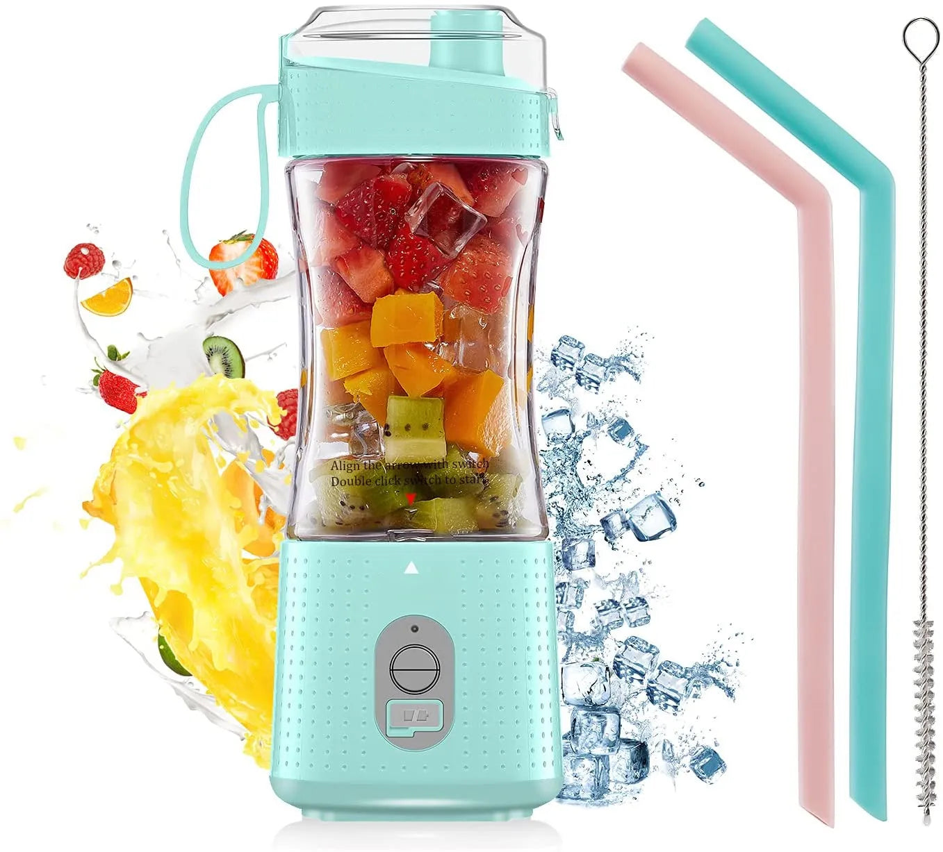 Mint portable electric blender with a 380 ml cup and reusable straws for mixing drinks.