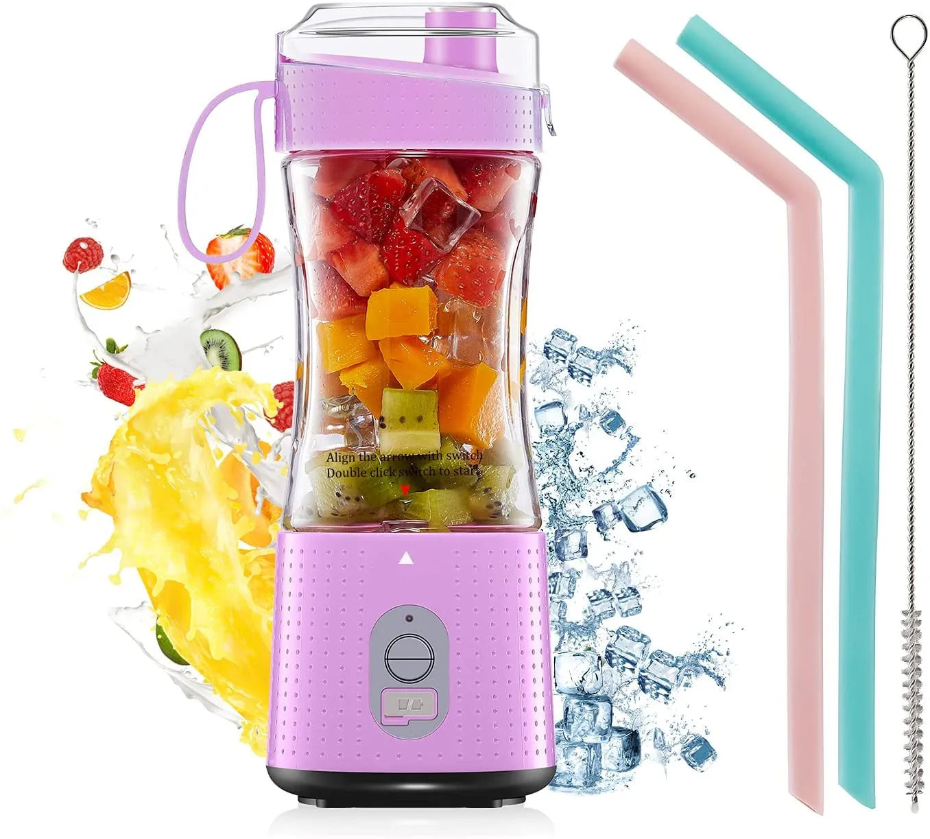 Pink portable electric blender with a 380 ml cup and reusable straws for shakes.