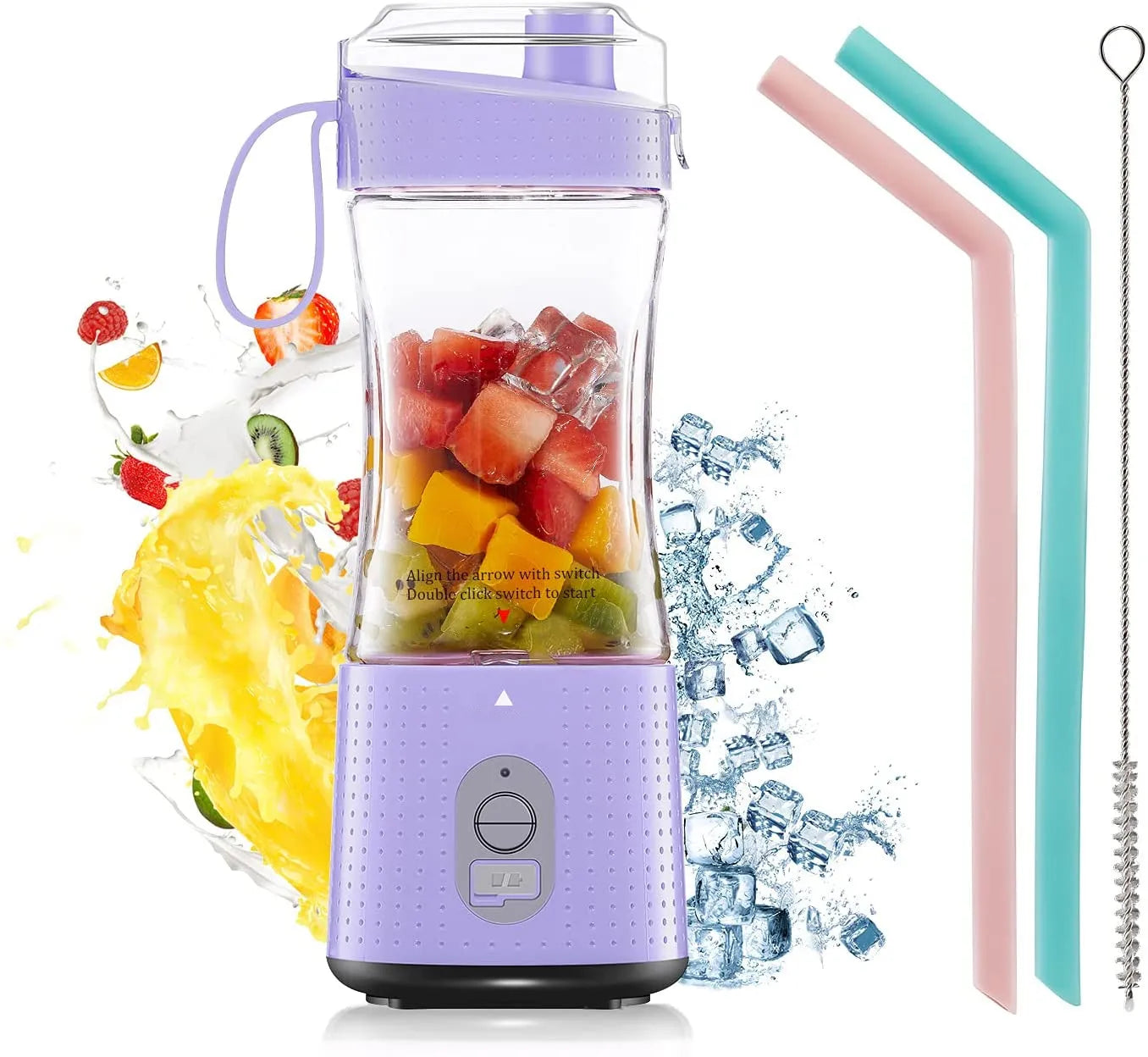 Purple portable electric blender with a 380 ml cup and reusable straws for smoothies.
