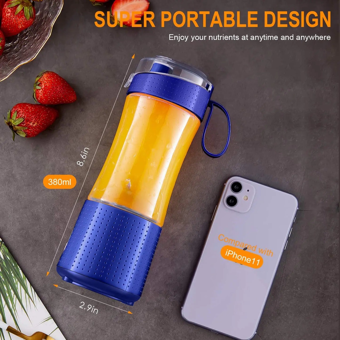 Portable blender size compared with a smartphone to show compact 380 ml design.