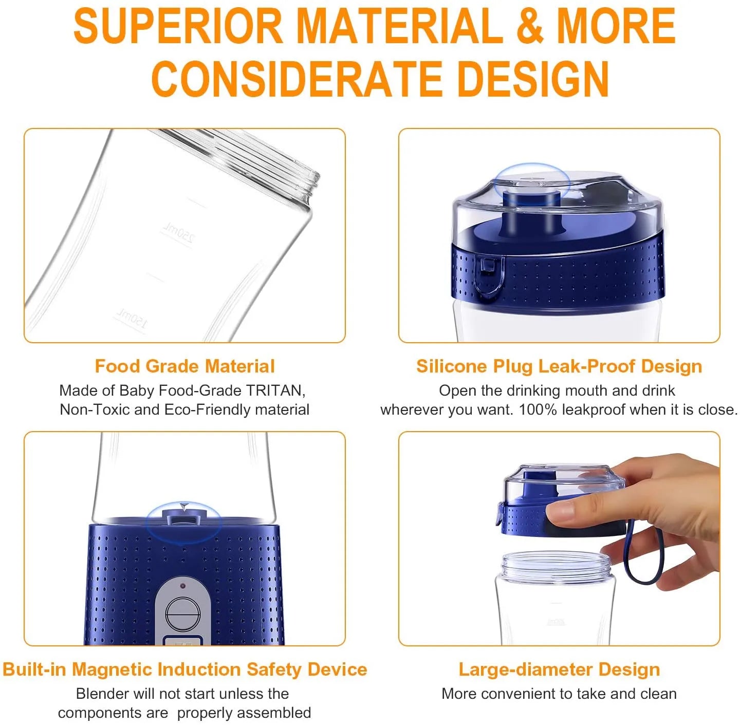 Material and design details showing the Tritan cup, leak-proof lid, and safety lock.