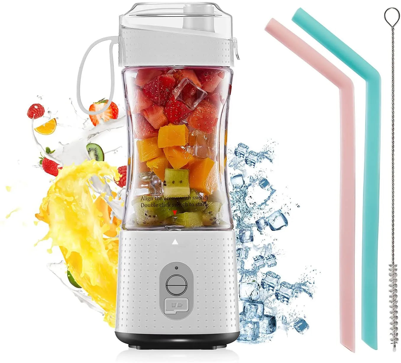 White portable electric blender with a 380 ml cup and reusable straws for smoothies.