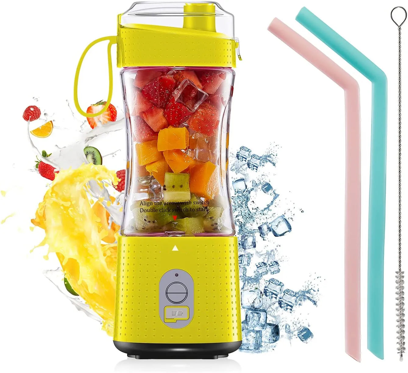 Yellow portable electric blender with a 380 ml cup and reusable straws for smoothies.