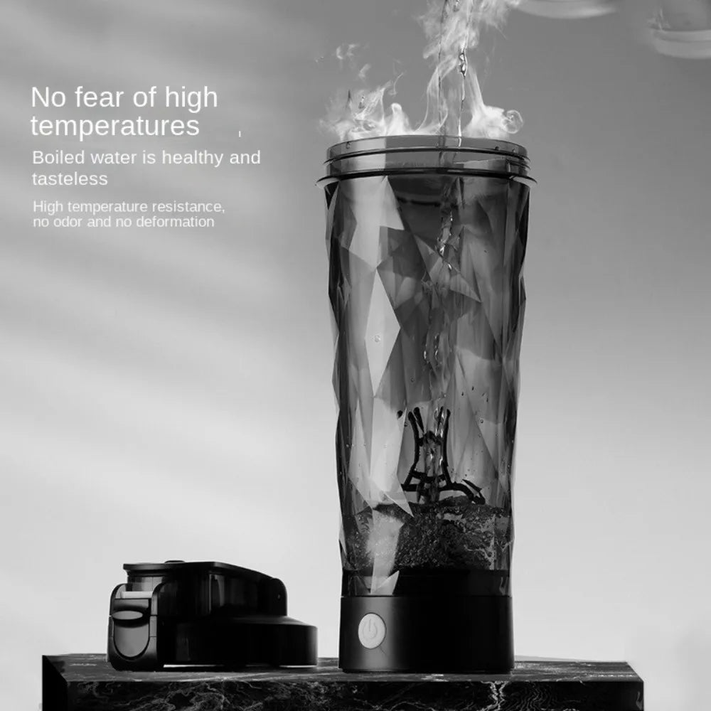 Black portable protein shaker bottle with steam-safe lid