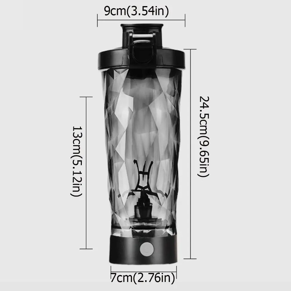 Black portable protein shaker bottle with measurement dimensions
