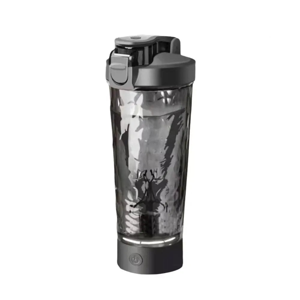 Black portable protein shaker bottle with clear mixing chamber