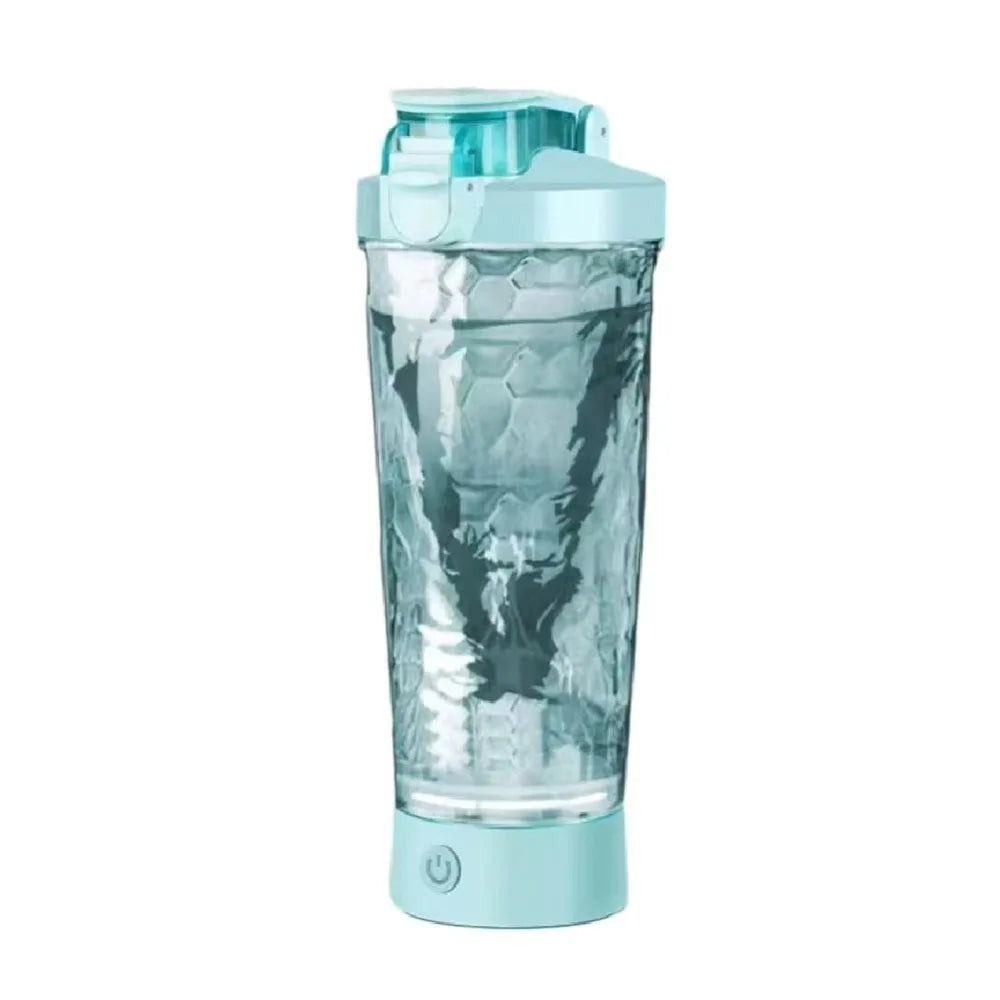 Blue portable protein shaker bottle with clear mixing chamber