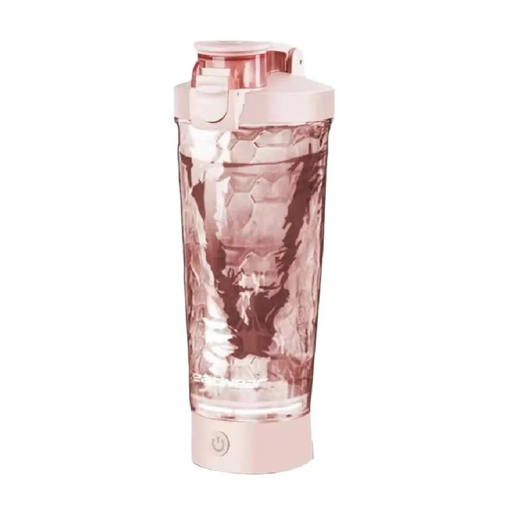 Pink portable protein shaker bottle with clear mixing chamber