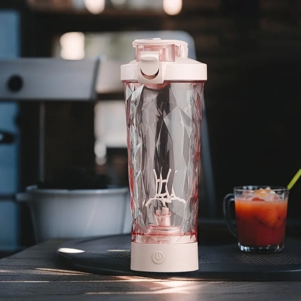 White portable protein shaker bottle on kitchen counter
