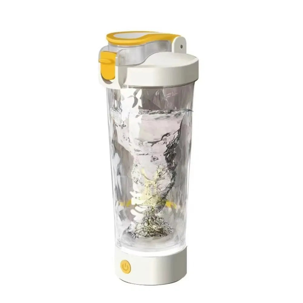 White portable protein shaker bottle with yellow lid and clear body