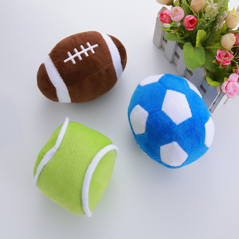 Three simulation ball toys for dogs in football, soccer, and olive designs