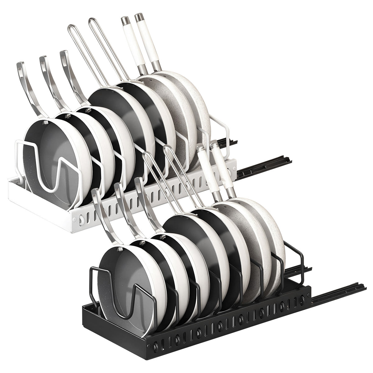 Black and white versions of the pull-out pots and pans organizer