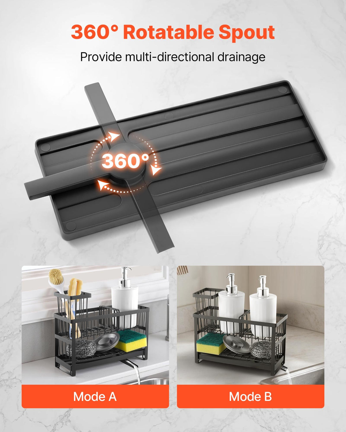 Drain tray with a spout that turns 360 degrees, shown in two setups