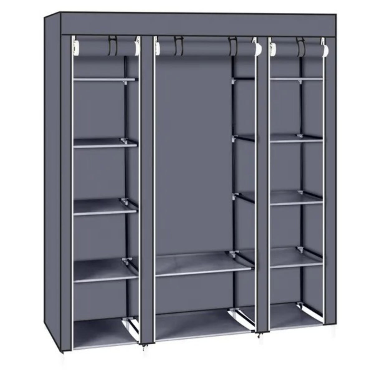 Grey portable closet with its fabric cover closed, seen from the side
