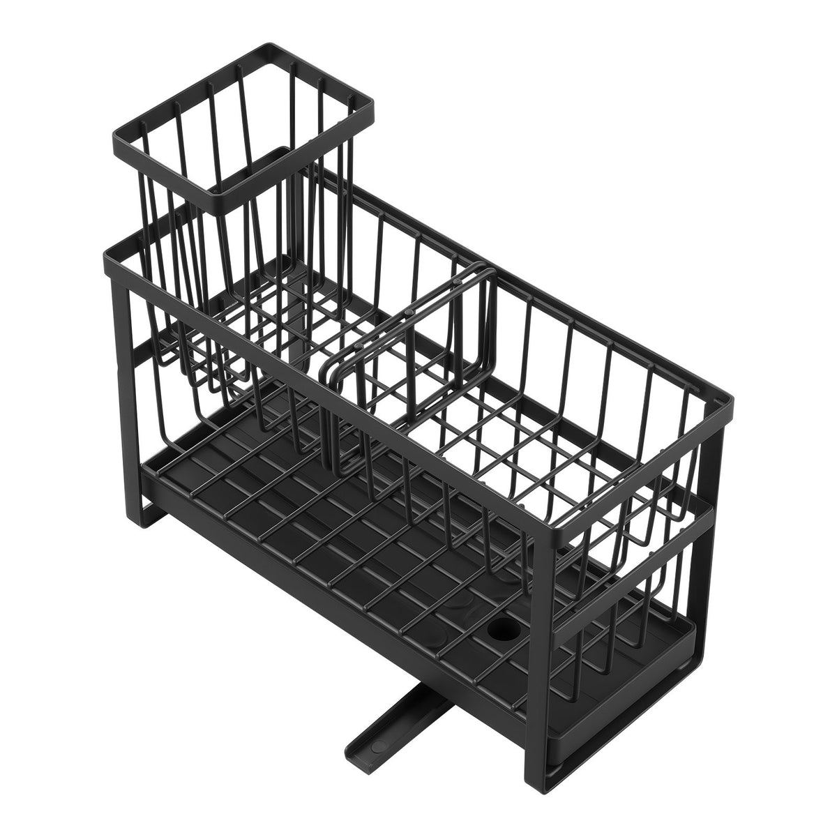 Empty black metal sink caddy seen from an angle