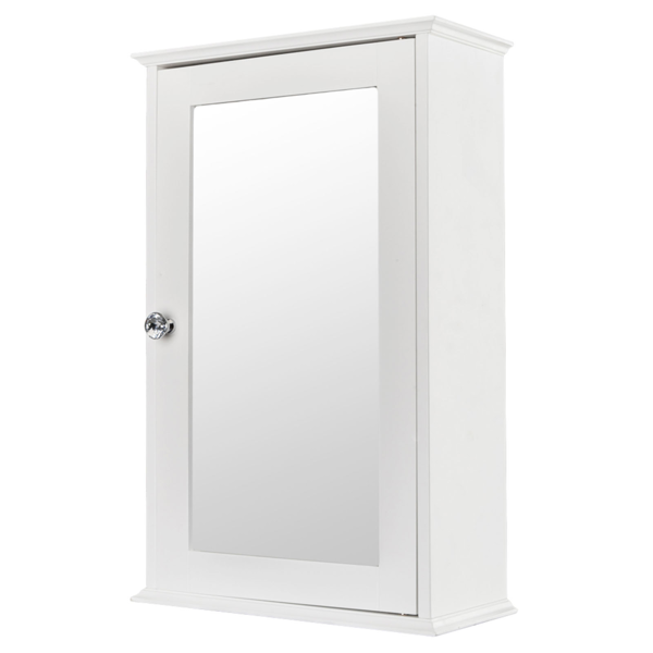 White wall cabinet with a mirror door, seen from the side