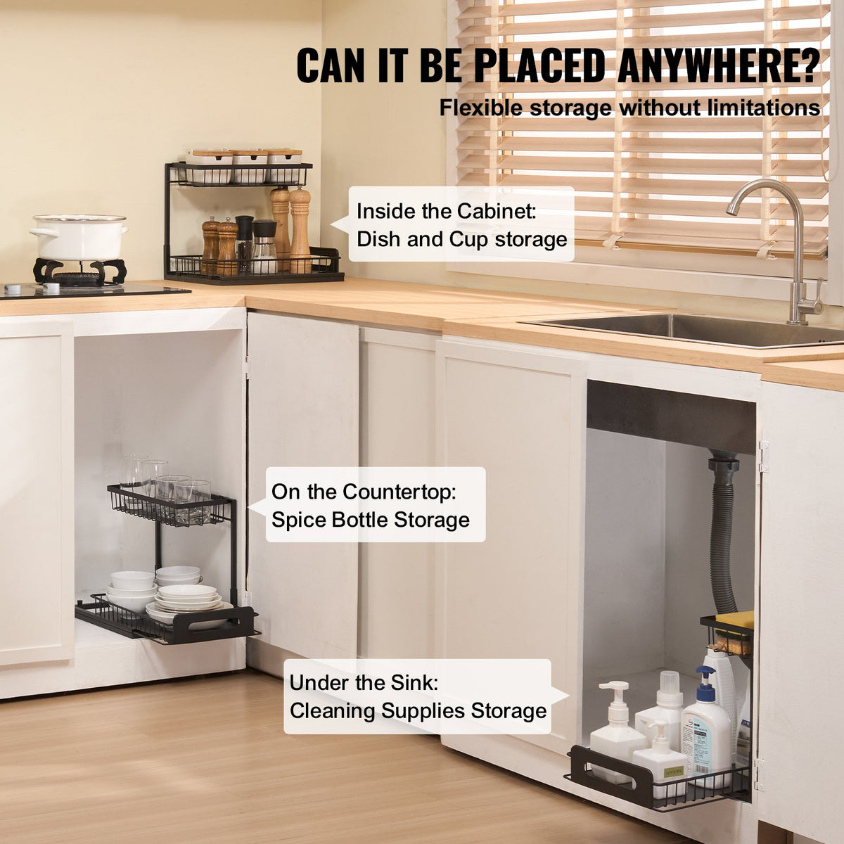Pull-out organizers shown inside a kitchen cabinet and on a counter