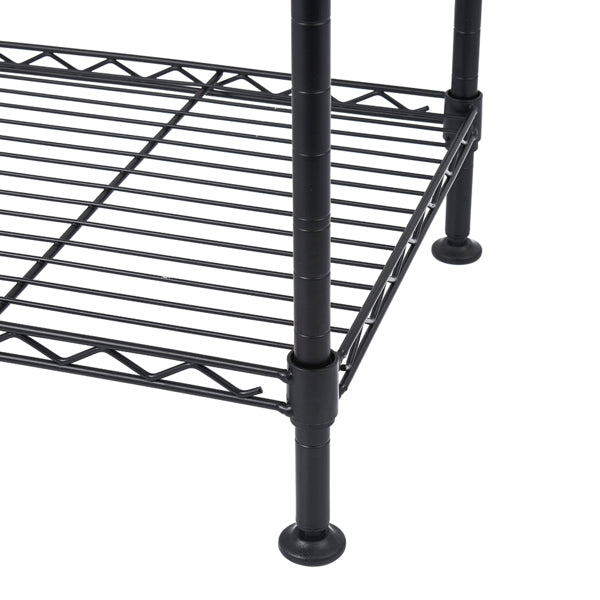 Close-up of a wire shelf and its round leg with a leveling foot